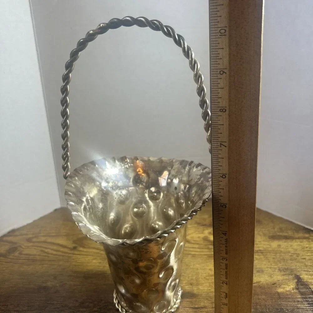 Vintage Silver Plated SNK India Dimpled Flower Basket Vase Twisted Handle 10 in